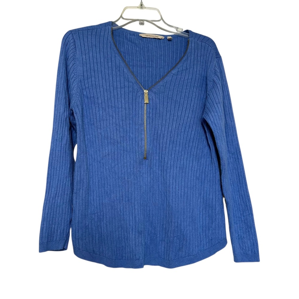 Soft Surroundings Blue Ribbed V Neck‎ Quarter Zip Long Sleeve Sweater Top M